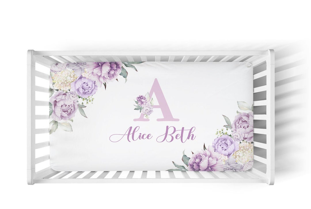 Personalized Floral Crib Sheet for Baby Girl Nursery Lilac Floral Baby