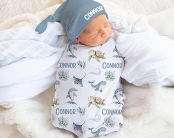 Personalized Ocean Swaddle Set - Custom Boy Swaddle Blanket with Sea Turtle,  Dolphin Whale -Sea Creatures Blanket- Coming Home Outfit s367
