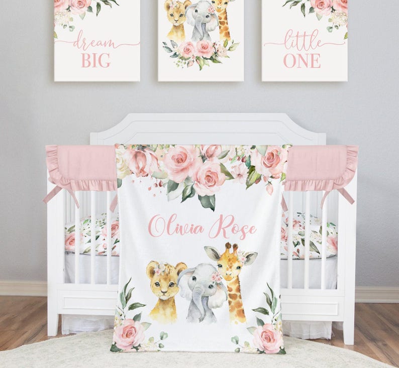 Safari Crib Bedding Set, Personalized Baby Girl Blanket, Safari Animal Nursery Set Baby Girl Bedding Set Safari Crib Sheet, Elephant Bedding image 2