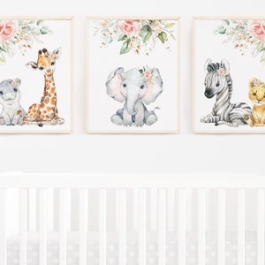 Floral Safari Animal Wall Art - Printable Nursery Wall Art - Safari Nursery Canvases, Aquarelle Blush Lilac Elephant Lion Giraffe Flowers