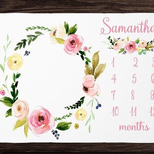 Bright Pink Floral Milestone Blanket Girl Monthly Growth Blanket-Personalized Baby Girl Blanket with Floral Wreath -Custom Baby Shower Gift