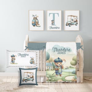 Juego de ropa de cama para cuna con temática de golf - Juego de ropa de cama para guardería de bebé niño con temática de golf - Decoración de guardería con temática de golf - Ropa de cama para cuna con temática de golf con osito de peluche - Manta vintage para bebé con temática de golfista - 364