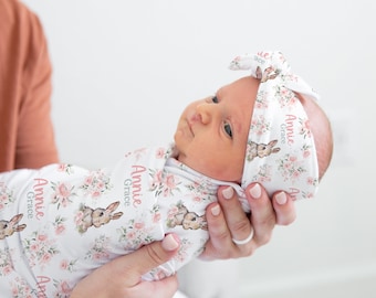 Baby Girl Swaddle Set with Bunny Rabbits -Floral Blanket Headband Set- Personalized Baby Girl Bunny Blanket -Name Reveal -Hospital Outfit
