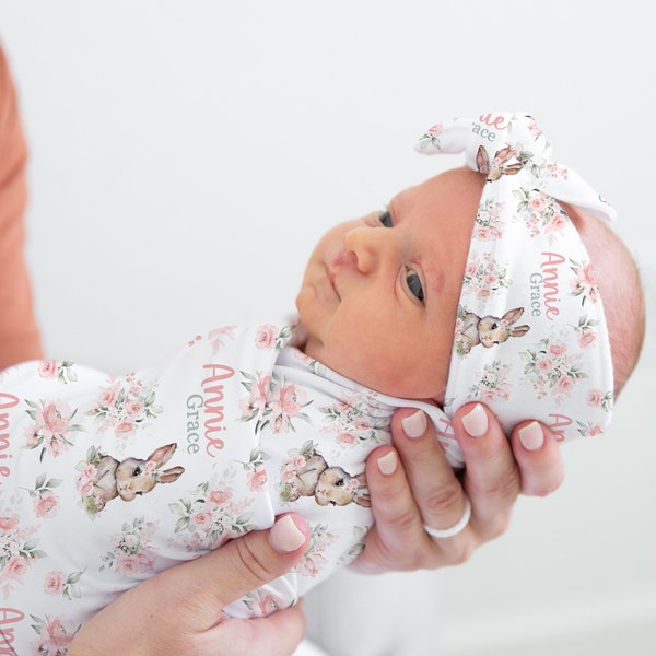 Baby Girl Swaddle Set with Bunny Rabbits -Floral Blanket Headband Set- Personalized Baby Girl Bunny Blanket -Name Reveal -Hospital Outfit