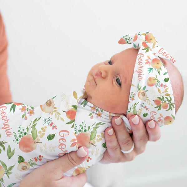 Baby Girl Swaddle Set with Peaches -Floral Peach Blanket Headband Set- Personalized Baby Girl Blanket - Name Reveal -Hospital Outfit S306