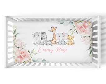 Personalized Floral Crib Sheet for Safari Nursery- Floral Safari Animals Baby Bedding -Baby Girl Shower Gift -Safari Crib Sheet Eucalyptus -