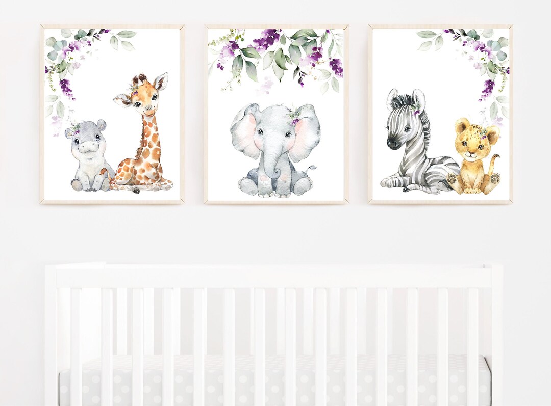 Baby Girl Safari Animal Wall Art Safari Nursery Wall Art Lilac Floral
