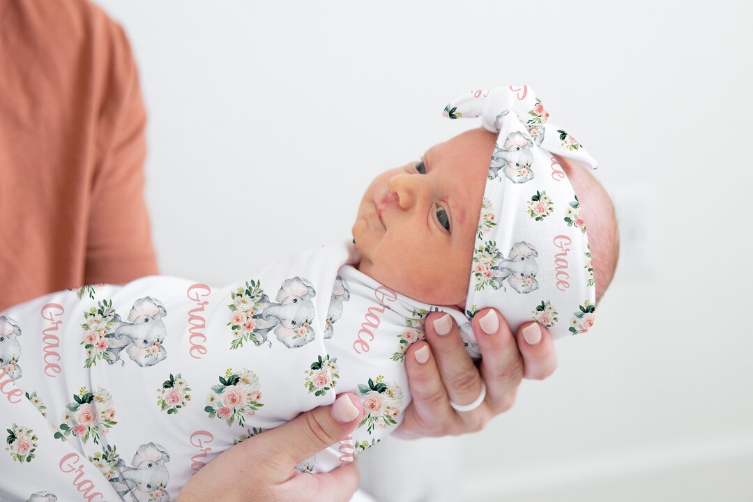 Baby Girl Swaddle Set With Elephants blush Floral Blanket Headband Hat