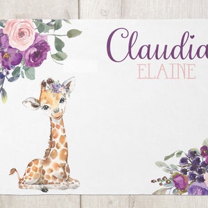 Personalized Baby Girl Blanket -Plum and Peach Floral Giraffe Baby Blanket Girl -Giraffe Girl Blanket with Name -Baby Shower Gift - Safari