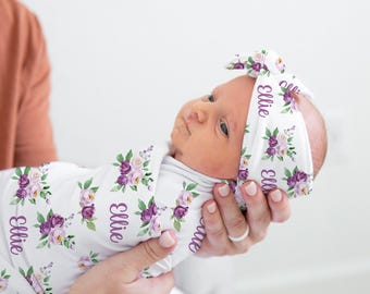 Purple Floral Swaddle Set- Personalized Baby Girl Swaddle Blanket with Violet Roses - Hospital outfit -Newborn photos- Newborn blanket- S345