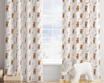 Highland Cow Curtains- Boho Leaf Blackout Curtains -Custom Sheer Drapes -Boho Highland Cow Nursery Decor -Custom Boys Nursery Curtains -C311