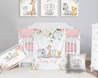 Safari Crib Bedding Set, Personalized Baby Girl Blanket, Safari Animal Nursery Set Baby Girl Bedding Set Safari Crib Sheet, Elephant 104