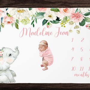 Elephant Milestone Blanket Girl- Floral Monthly Growth Blanket-Personalized Baby Girl Blanket with Elephant -Baby Shower Gift -Custom Baby