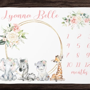 Floral Safari Milestone Blanket Girl Monthly Growth Blanket-Personalized Baby Girl Blanket with Jungle Leaves Wreath Custom Baby Shower Gift