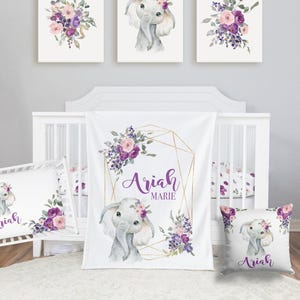 Elephant Baby Bedding Set, Purple Crib Bedding Set, Plum Floral Elephant Bedding, Personalized Crib Bedding Girl Floral Elephant Nursery image 1