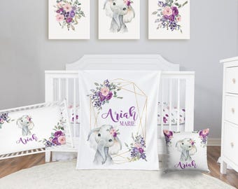 Elephant Baby Bedding Set, Purple Crib Bedding Set, Plum Floral Elephant Bedding, Personalized Crib Bedding Girl Floral Elephant Nursery