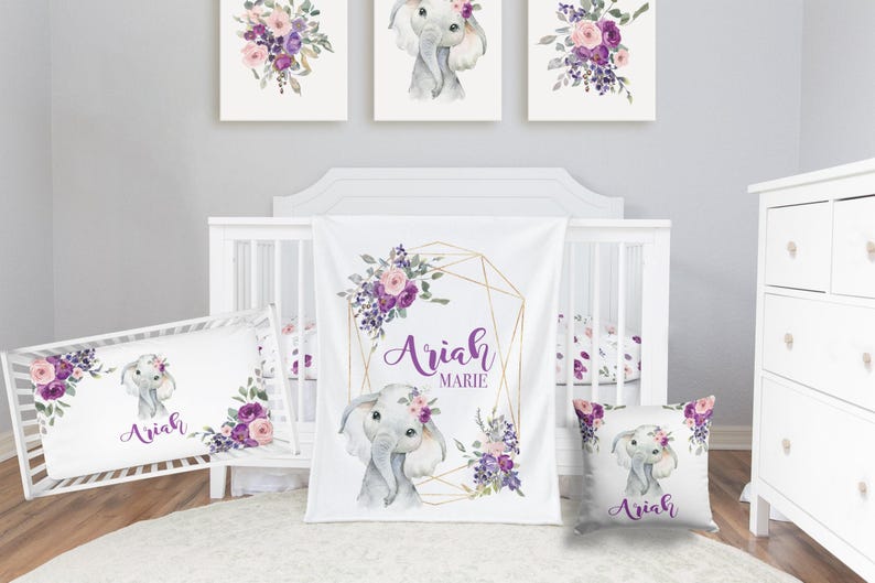 Elephant Baby Bedding Set, Purple Crib Bedding Set, Plum Floral Elephant Bedding, Personalized Crib Bedding Girl Floral Elephant Nursery image 1