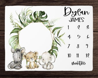 Safari Meilenstein Decke Junge - Monatliches Wachstum Decke - Personalisierte Baby Jungen Decke mit Dschungeltieren Baby Shower Geschenk Kundenspezifische Baby Bettwäsche