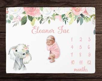 Manta de crecimiento mensual para niña con elefante floral - Manta personalizada para bebé niña con elefante - Regalo para baby shower - Habitación infantil con elefante