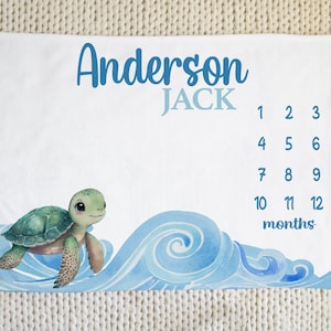 Milestone-deken zeeschildpad - gepersonaliseerde deken babyjongen met oceaangolven - onder de zee kraamcadeau - maanddeken baby M320