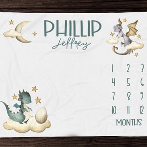 Manta de hito para bebé con forma de dragón - Manta con fotos mensuales - Manta personalizada para bebé niño con dragones - Regalo para baby shower - Hito para bebé niño n.° 322