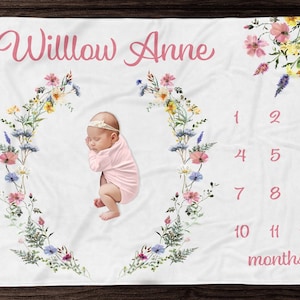 Baby Girl Wildflower Milestone Blanket - Country Floral Month Blanket-Personalized Baby Girl Blanket -Newborn Photos- Baby Shower Gift -M307