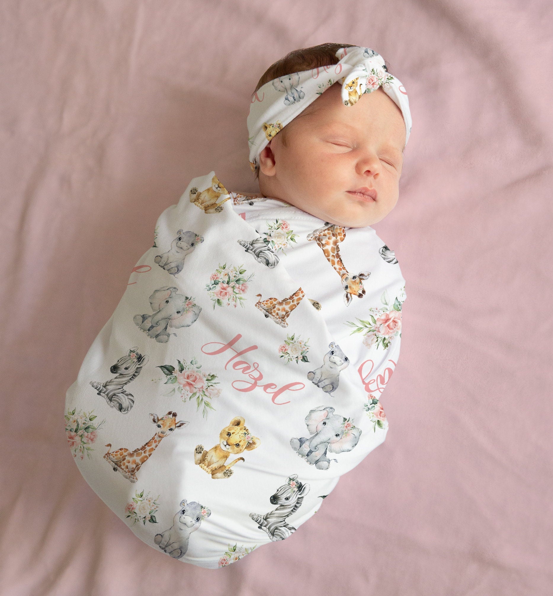 Baby Girl Safari Swaddle Set With Name Blanket Beanie Hat Set Etsy