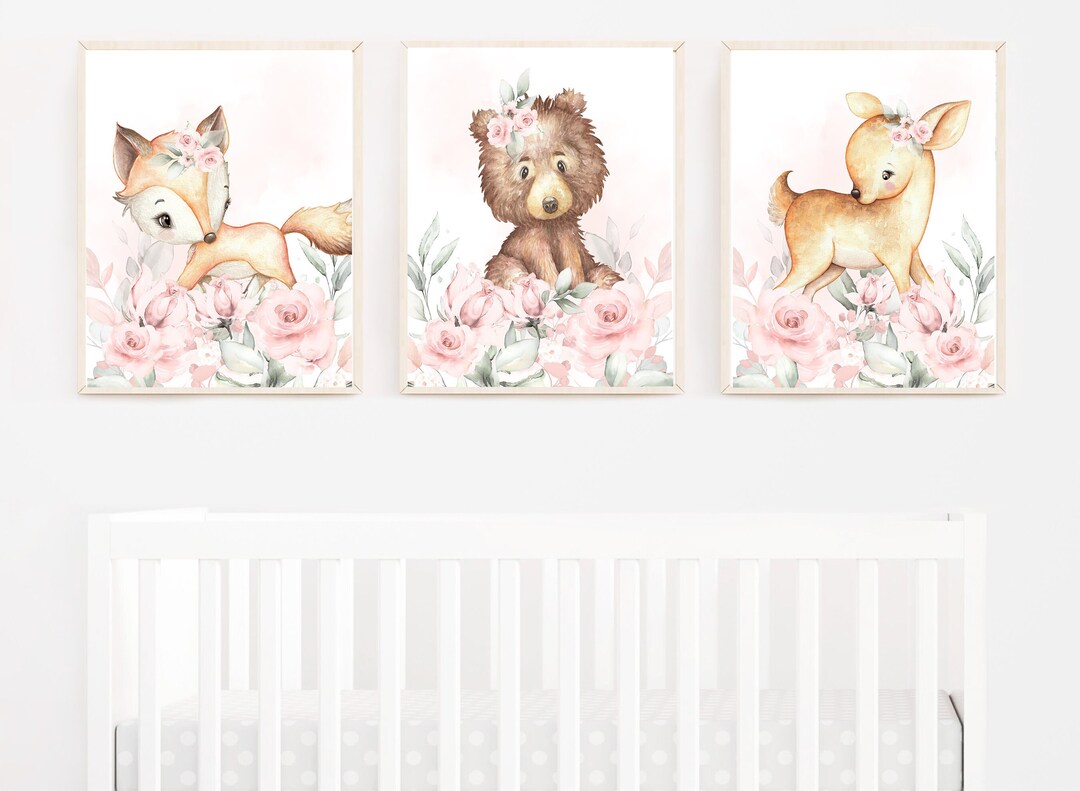 Floral Woodland Animal Wall Art- Baby Girl Woodland Nursery Wall Art ...
