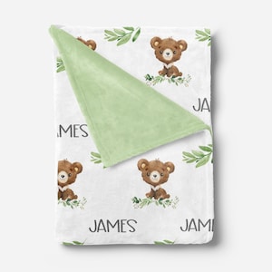 Bear Baby Blanket with Name- Woodland Personalized Baby Boy Blanket- Custom Baby Swaddle with Name -Woodland Baby Bedding -Baby Shower Gift