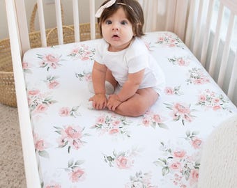 Personalized Blush Floral Crib Sheet for Baby Girl Nursery- Watercolor Soft pink Flowers Crib Sheet -Baby Shower Gift- Floral  Bedding - 321