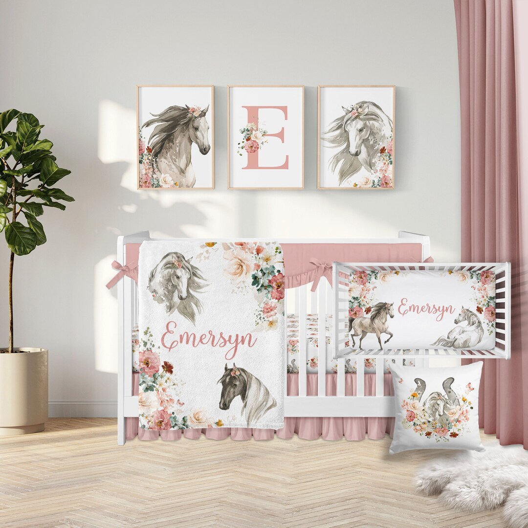 Horse Crib Bedding, Crib Bedding Set Girl, Horse Nursery, Pink Floral