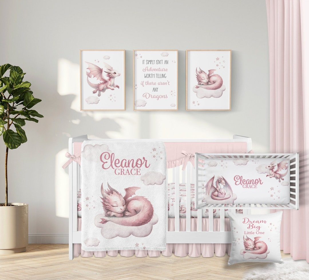 Baby Girl Dragon Crib Bedding Set, Personalized Baby Girl Blanket