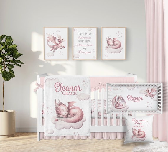 Baby Girl Dragon Crib Bedding Set Personalized Baby Girl Blanket Blush Pink Sleeping Dragon Nursery Set Custom Baby Girl Nursery Set 341 Etsy