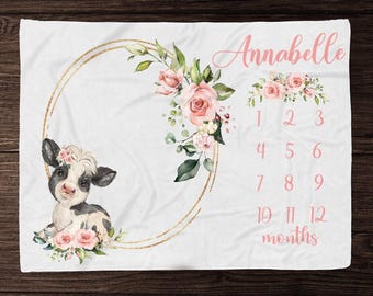 Floral Cow Milestone Blanket -Pink flower Baby Girl Month Blanket - Custom Age Growth Chart -Personalized Baby Shower Gift Keepsake - M315