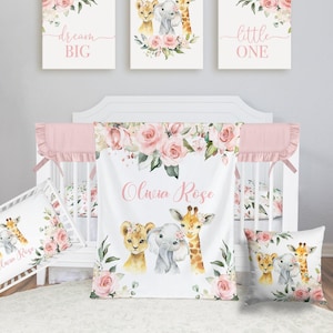 Safari Crib Bedding Set, Personalized Baby Girl Blanket, Safari Animal Nursery Set Baby Girl Bedding Set Safari Crib Sheet, Elephant Bedding image 1