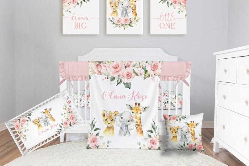 Safari Crib Bedding Set, Personalized Baby Girl Blanket, Safari Animal Nursery Set Baby Girl Bedding Set Safari Crib Sheet, Elephant Bedding image 1