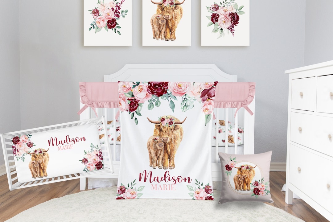 Baby Girl Crib Bedding Set,personalized Highland Cow Crib Bedding Set, Farm Nursery Bedding Set