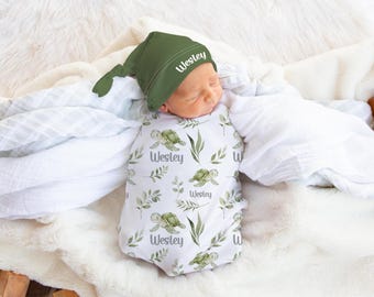 Sea Turtle Swaddle Set -Personalized Baby Boy Turtle Swaddle Blanket with Leaves-Ocean Animal baby Blanket- Hospital Coming Home Outfit s369