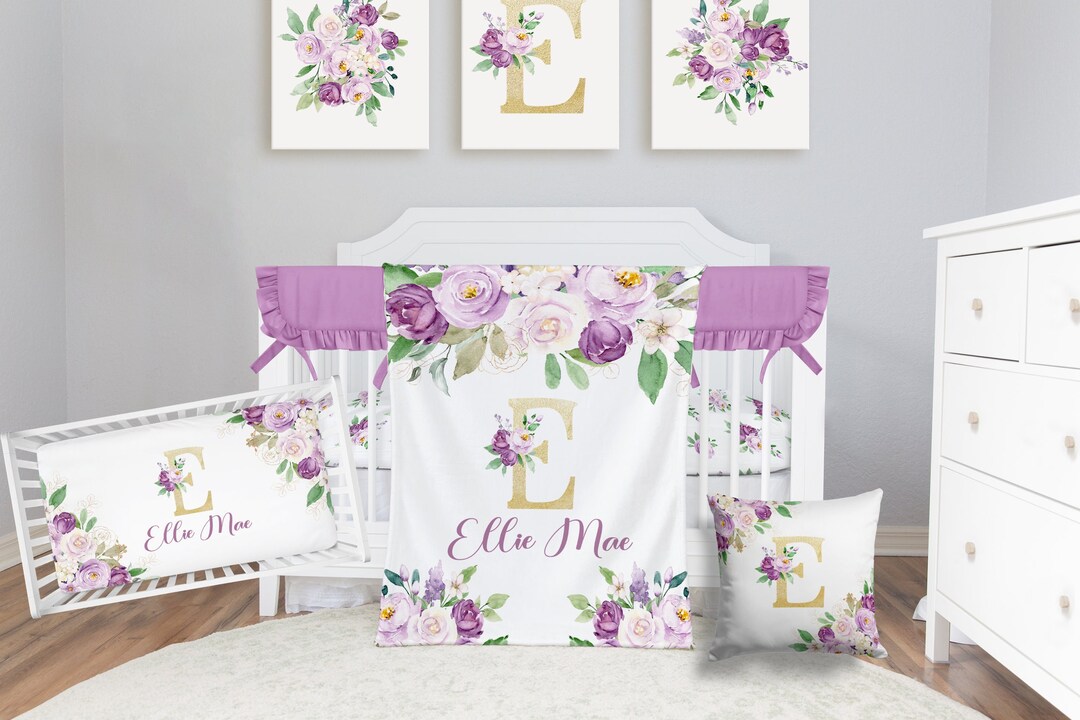 Baby Girl Floral Bedding Set, Lavender Floral Crib Bedding Set
