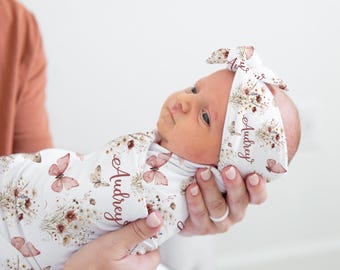 Wildflower Swaddle Set- Personalized Baby Girl Swaddle Blanket with Butterflies and Meadow- Hospital outfit -Newborn Name blanket- S363