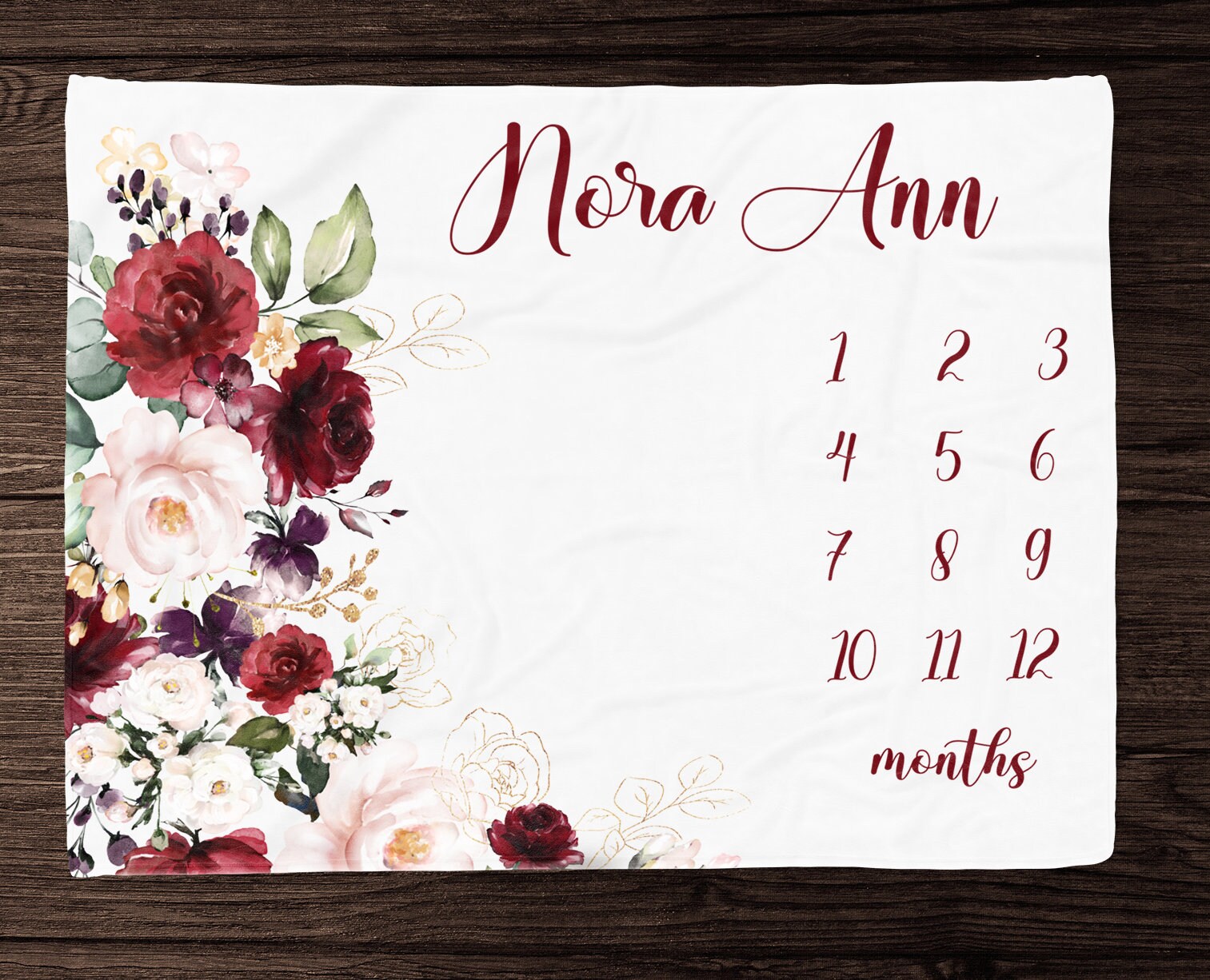 Bordeauxrode bloemen baby mijlpaaldeken meisje, gepersonaliseerde meisjesdeken, babygroei bijhouden, maandelijkse groeideken, bloemendeken babymeisje