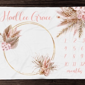 Manta Boho Milestone para niña - Manta de mes - Manta personalizada para niña con hojas de pampa - Regalo personalizado para baby shower - Regalo boho para recién nacidos