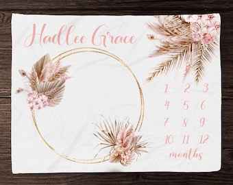 Boho mijlpaal deken meisje-maand deken-gepersonaliseerde babymeisje deken pampas bladeren-aangepaste babyshower cadeau-boho kwekerij pasgeboren cadeau