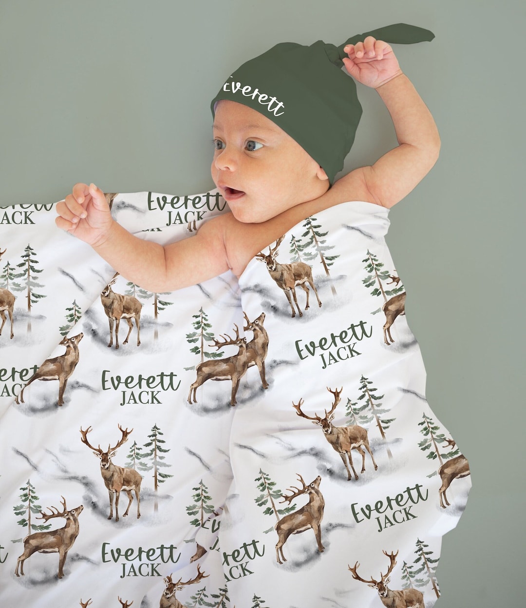 Buck Swaddle Set With Name Blanket Beanie Hat Personalized Baby Boy