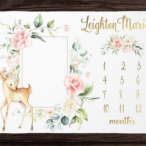 Manta de hitos del bosque para niña: manta de crecimiento mensual con cervatillo floral, manta personalizada para niña con ciervo, regalo para baby shower, manta personalizada para bebé