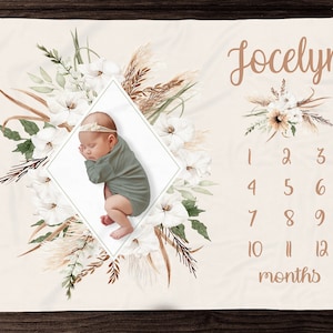 Manta Boho Milestone para niña - Manta de mes - Manta personalizada para niña - Regalo personalizado para baby shower - Regalo para recién nacido estilo Boho neutro