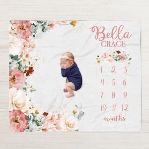 Wildflower Milestone Blanket, Baby Girl Milestone Blanket Personalized Month Blanket, Baby Girl Wildflower Horse Blanket 360