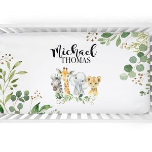 Personalisiertes Bettlaken für Jungen Safari Kinderzimmer- Safari Tier Baby Bettwäsche- Safari Krippe-Blatt- Personalisiertes Elefant-Babypartygeschenk