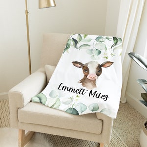Personalized Baby Boy Blanket with Brown Cow- Monogrammed Baby Blanket Boy -Farm Animals -Baby Shower Gift -Baby Name Blanket -Baby Bedding