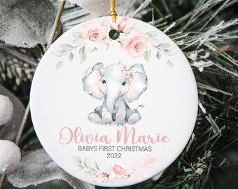 Baby's First Christmas Ornament - Floral Elephant Ornament -Personalized Baby Girl Christmas Ornament - New Baby Gift- -  My 1st Christmas